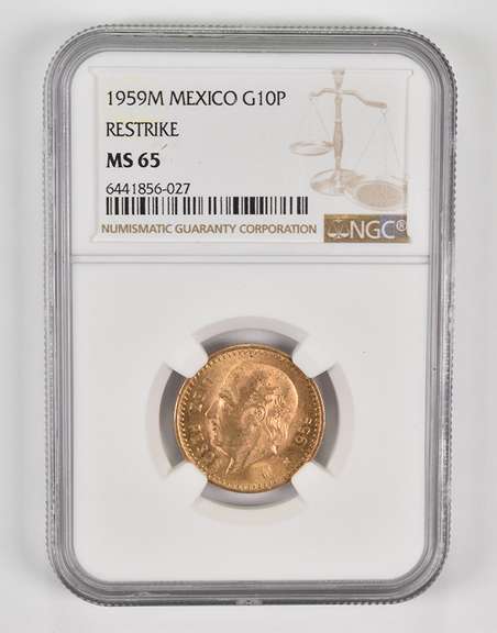 MS65 1959M Mexico 10 Gold Pesos - Restrike - Graded NGC