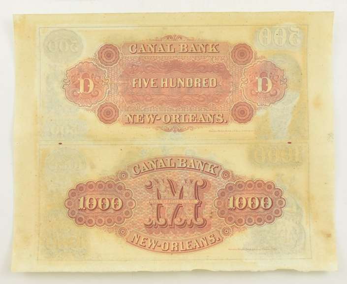 Uncut Sheet 1800's $500, $1000 Canal Bank New Orleans Notes