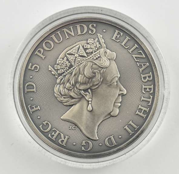 2018 United Kingdom 5 Pounds Queen's Beasts Bull 2 Oz .999 Fine Silver