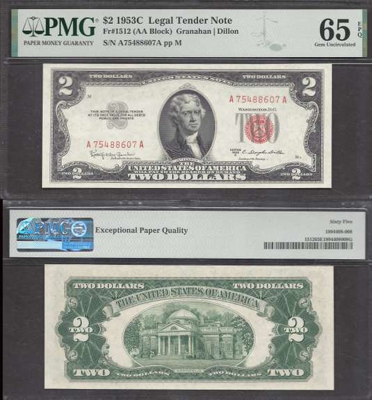 $2 1953-C Legal Tender Red Seal Deuce PMG GEM UNCIRCULATED 65 EPQ