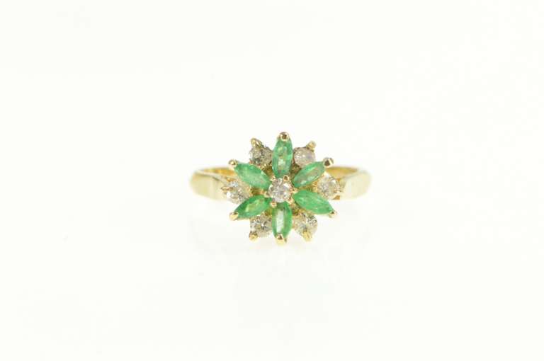 14K Yellow Gold 0.78 Ctw Marquise Emerald Diamond Cluster Ring