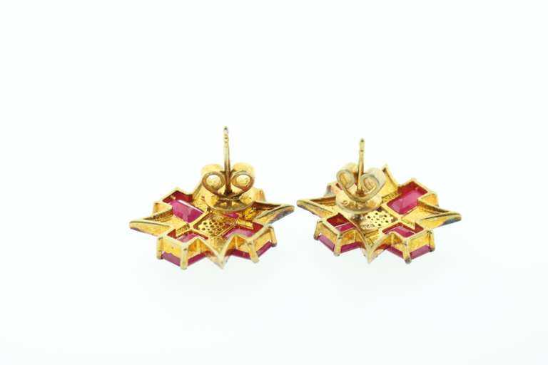 Flamboyent Ruby Earrings with Gold Plated Silver and Diamond Accents
