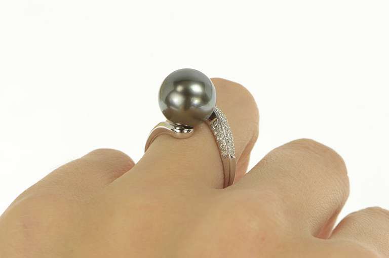 14K White Gold Pave Diamond Tahitian Pearl Bypass Statement Ring