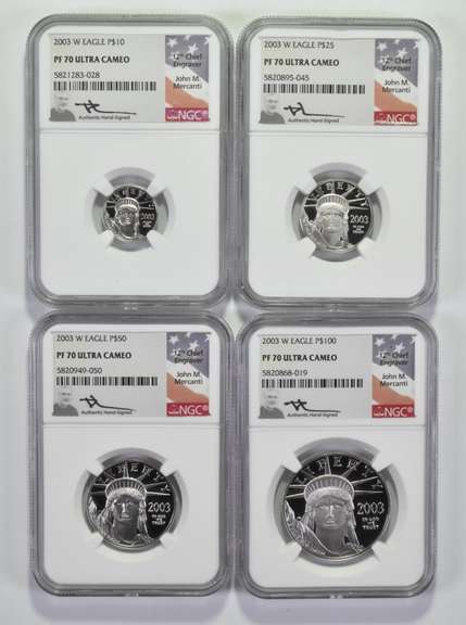 (4) PF70UCAM 2003-W $10-$100 1/10- 1 Oz .999 Platinum Eagle Signed NGC