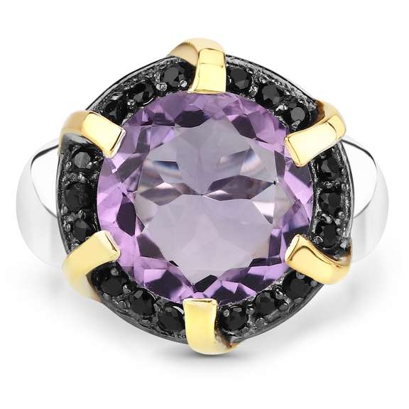 Plated Rhodium 6.56ct Amethyst and Black Spinel Ring