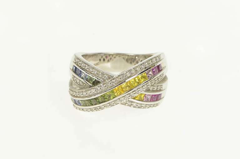 14K White Gold 3.35 Ctw Rainbow Sapphire Diamond X Men's Ring