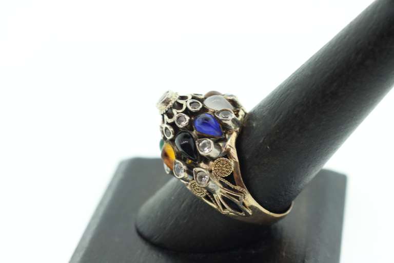 LADIES 14K WHITE GOLD WITH MULTI COLOR GEMS PYRAMID RING