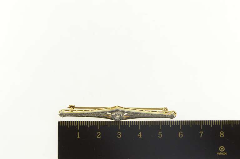 14K Yellow Gold Diamond Two Tone Art Deco Ornate Bar Pin/Brooch