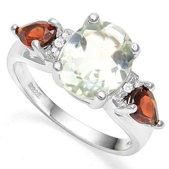3.20 CT GREEN AMETHYST & 2PCS GARNET 925 STERLING SILVER RING