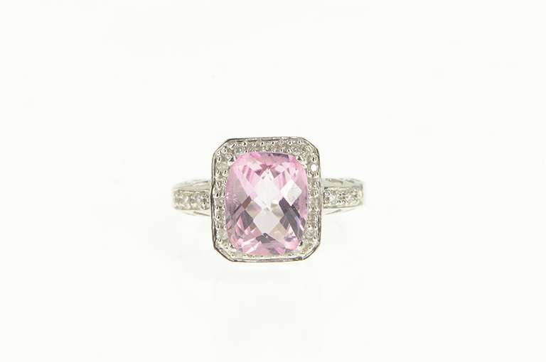 14K White Gold Faceted Pink Topaz Diamond Halo Cocktail Ring