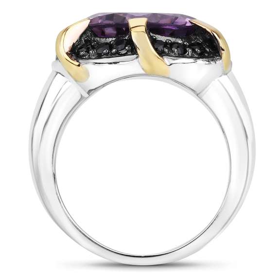 Plated Rhodium 6.56ct Amethyst and Black Spinel Ring