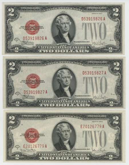1928-F and 2 1928-G $2 Red Seal Notes in Choice Unc.