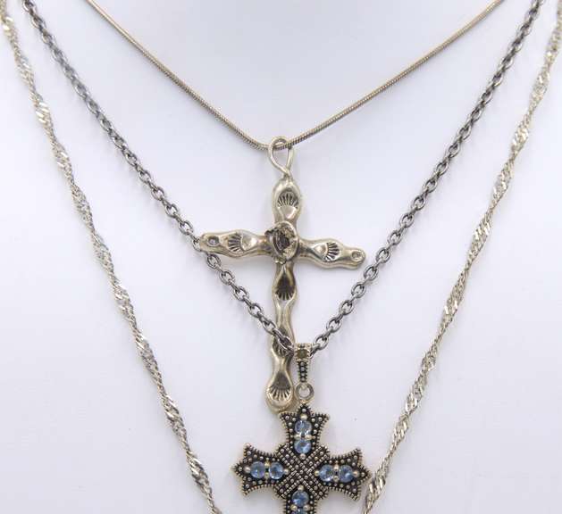 Group Lot of 3 Vintage 925 Sterling Silver Cross Pendants on Chain Necklaces
