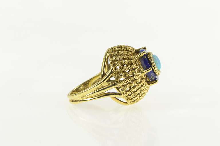 18K Yellow Gold Opal Lapis Lazuli 1960's Domed Cocktail Ring