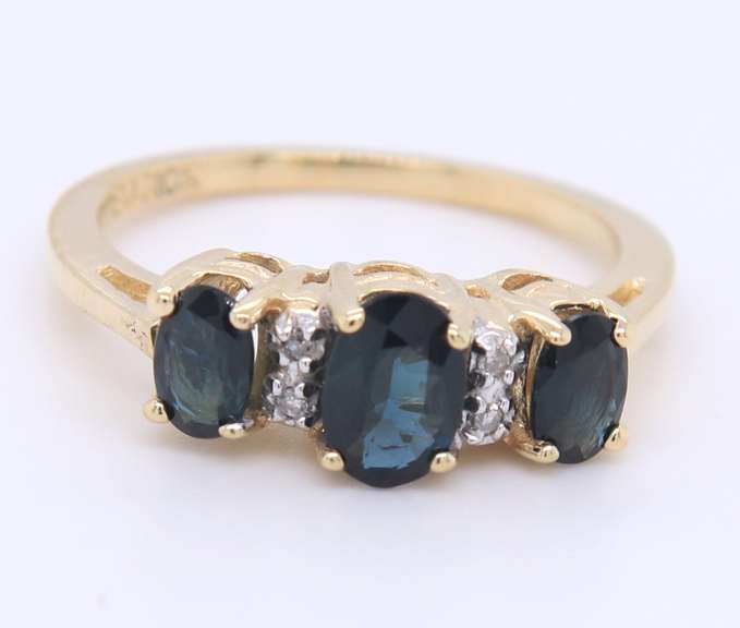 Gorgeous Yellow Gold oval Sapphire and Diamond Three Stone Ring