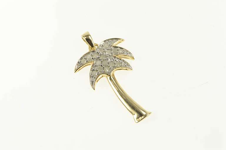 10K Yellow Gold Pave Diamond Palm Tree Tropical Motif Pendant