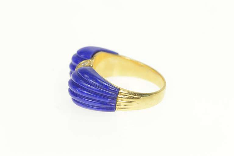 14K Yellow Gold 1950's Carved Lapis Lazuli Diamond Bow Ring