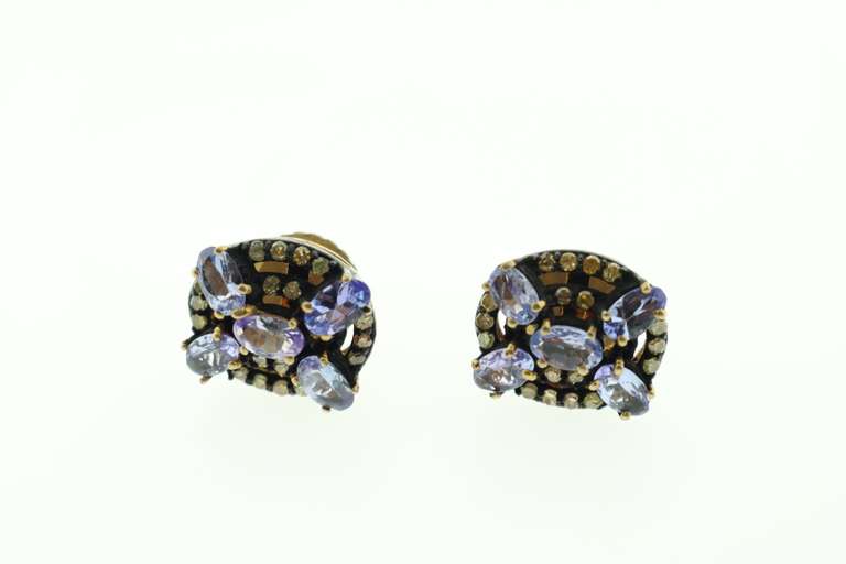 Elegant Iolite Patterned Silver Earrings with Diamond Accents