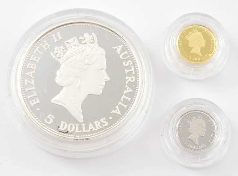 1991 $5 Australia Pf Set 1 Oz Silver, 1/20 Oz Gold, 1/20 Oz Platinum