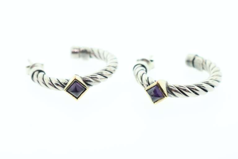 AUTHENTIC DAVID YURMAN STERLING AND 18K GOLD CLASSIC CABLE HOOP EARRINGS