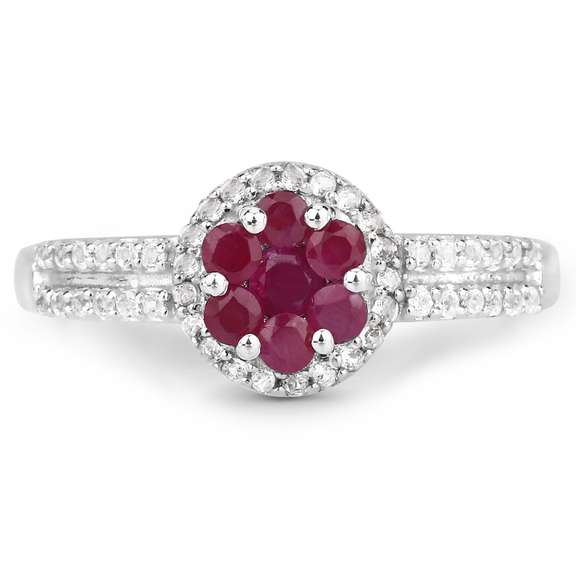 Plated Rhodium Ruby and White Topaz Ring