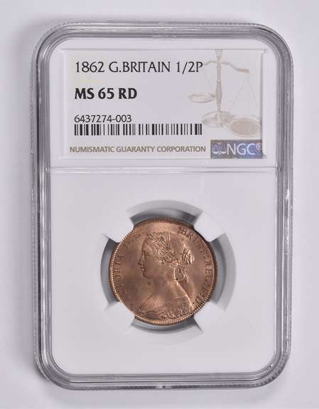 MS65 RD 1862 Great Britain 1/2 Penny NGC