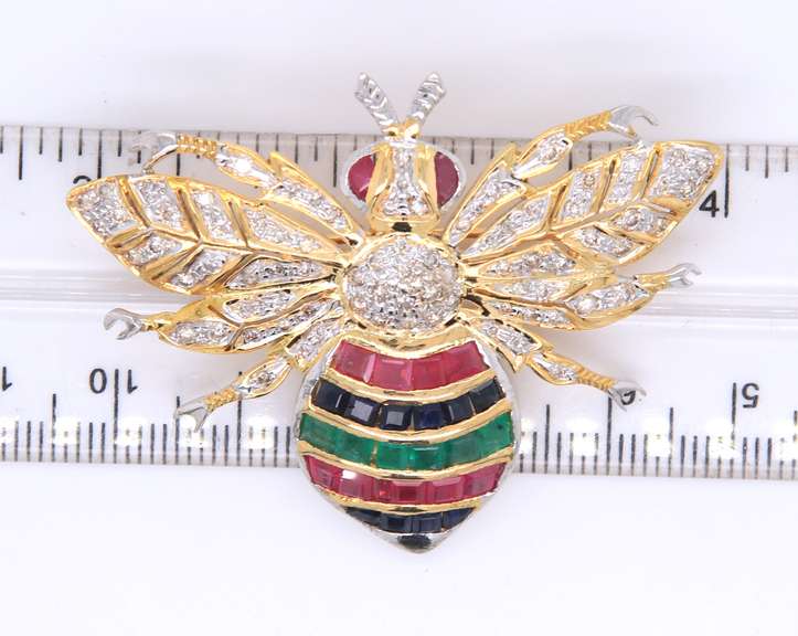 Dynamic Yellow Gold Multi Gemstone and Diamond Bee Brooch