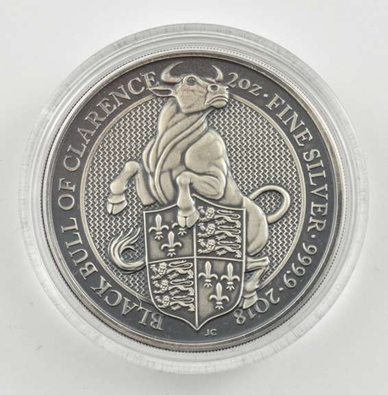2018 United Kingdom 5 Pounds Queen's Beasts Bull 2 Oz .999 Fine Silver
