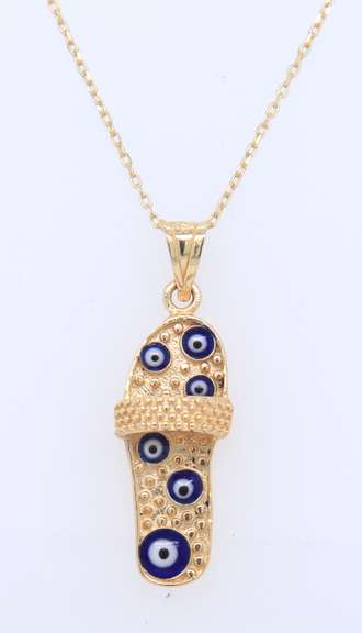 Fantastic Yellow Gold Evil Eye Flip Flop Pendant on Chain Necklace