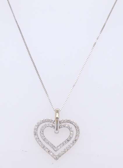 Wonderful White Gold Double Heart Diamond Pendant on Chain
