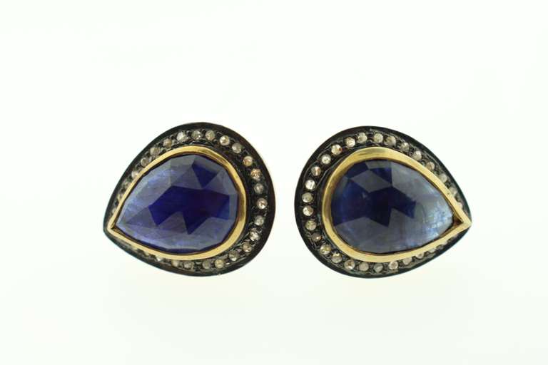 Desirable Sapphire Teardrop Earrings with Gold Plated Silver and Diamond Accents