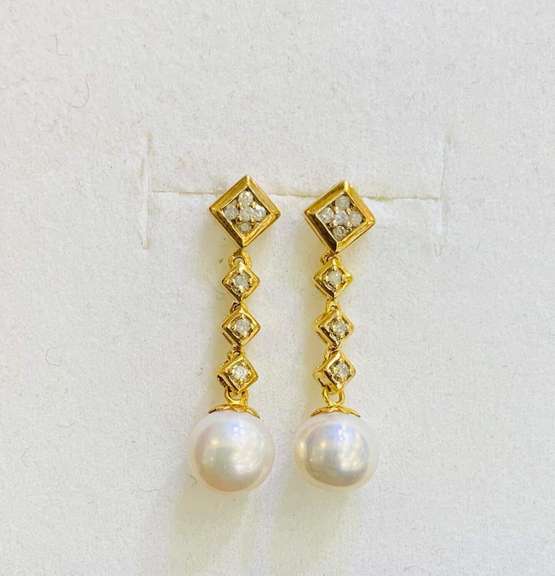 14kt Yellow Gold, Pearl, & Diamond Earrings