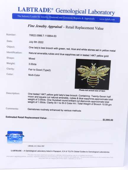 Dynamic Yellow Gold Multi Gemstone and Diamond Bee Brooch