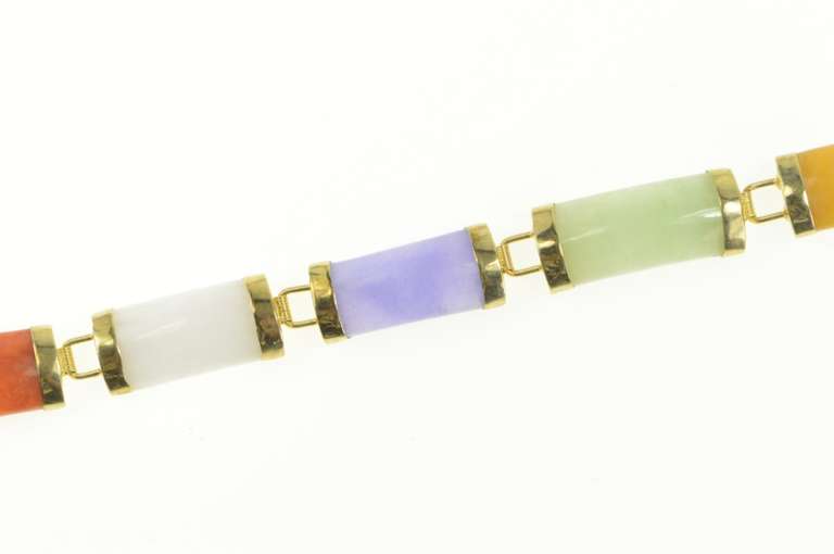 14K Yellow Gold Green Purple Red White Jadeite Carved Bar Bracelet
