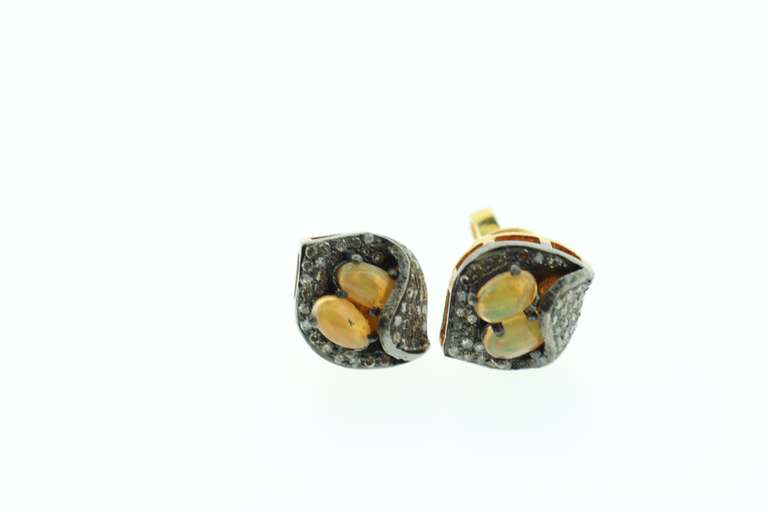 Avant Garde Fire Opal Earrings with Overlapping Diamonds and Gold Plated Silver