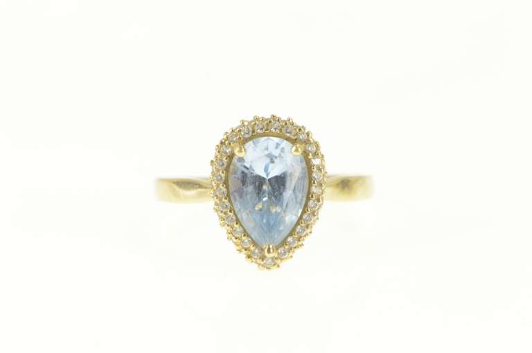 14K Yellow Gold Pear Blue Topaz Diamond Halo Engagement Ring