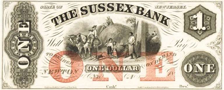 Superb Crisp 1800's $1 Note Sussex Bank Of Newton New Jersey!