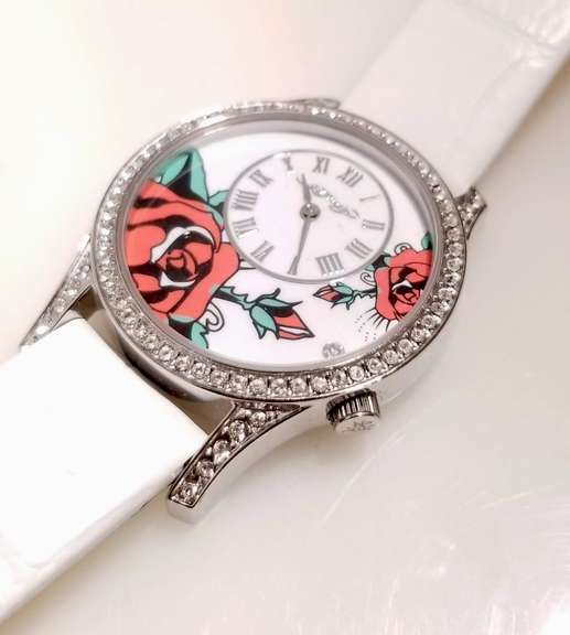 Ed Hardy Classic ladies roses watch with Swarovski crystals and white leather strap