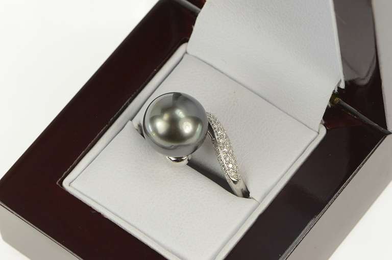 14K White Gold Pave Diamond Tahitian Pearl Bypass Statement Ring