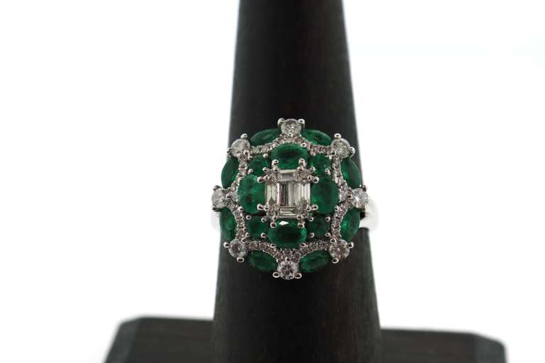 Impeccable Emerald and Diamond Cluster 18k White Gold Ring