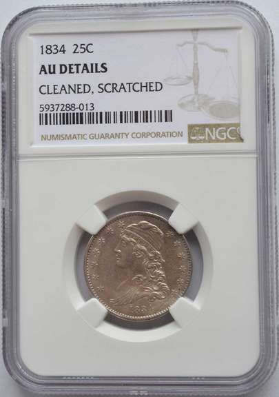 1834 Capped Bust Quarter NGC AU Details Cleaned, Scratched.