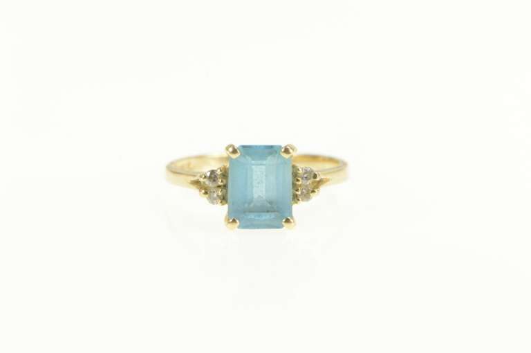 14K Yellow Gold Emerald Cut Blue Topaz Diamond Classic Ring