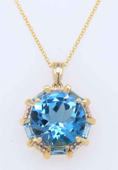 Powerful Yellow Gold Blue Topaz and Diamond Pendant on Chain