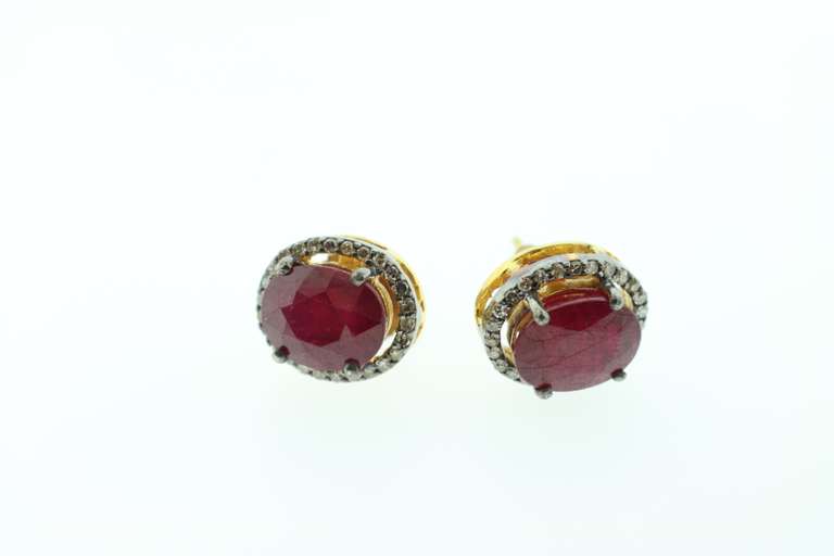Blood Red Ruby Earrings with Gold Plated Silver and Diamond Accents