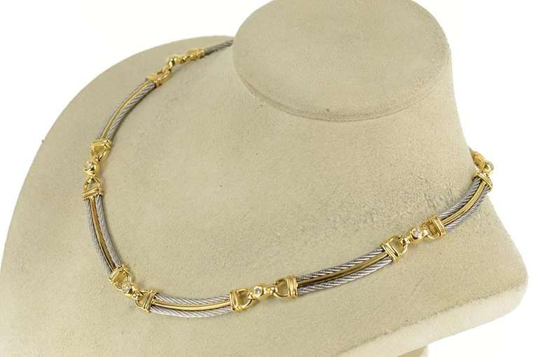 18K Yellow Gold Designer Diamond Two Tone Twist Bar Collar Necklace