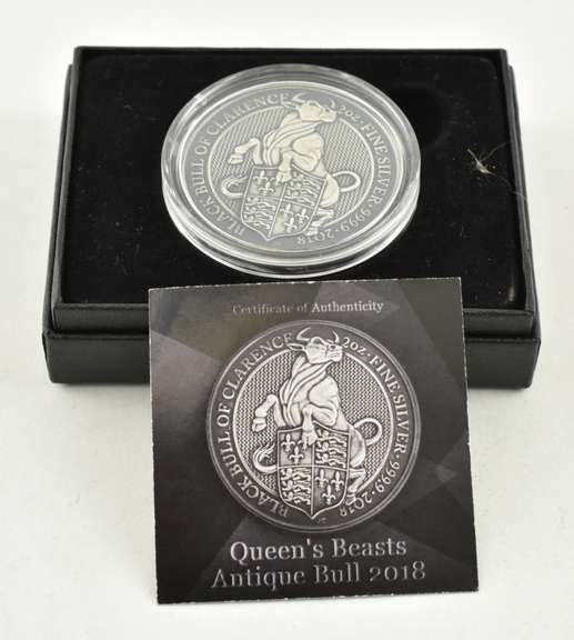 2018 United Kingdom 5 Pounds Queen's Beasts Bull 2 Oz .999 Fine Silver