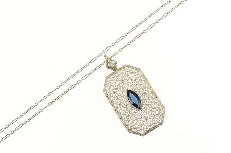 10K White Gold Art Deco Ornate Filigree Syn. Sapphire Necklace