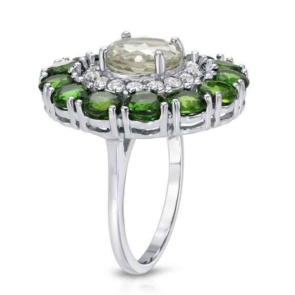 Plated Rhodium 2.87ct Green Amethyst and White Topaz Ring