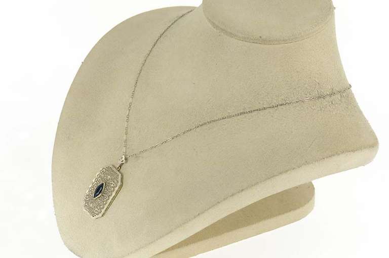 10K White Gold Art Deco Ornate Filigree Syn. Sapphire Necklace