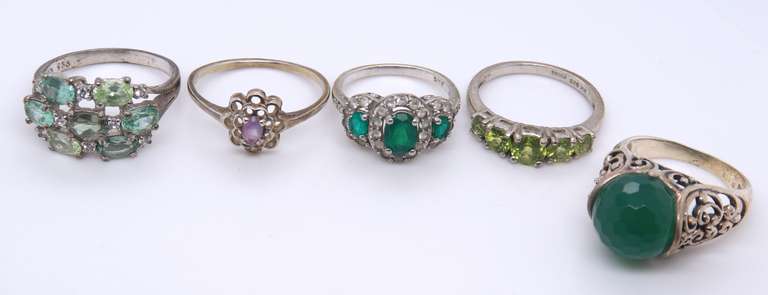 Group Lot of 5 Vintage 925 Sterling Silver Gemstone Rings